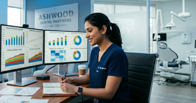Young dentist reviewing financial growth charts
