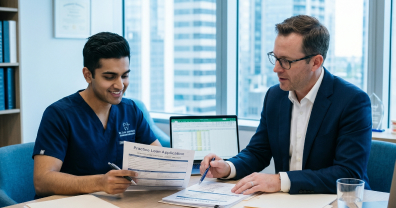 Young dentist meeting with a lender, broker, or advisor