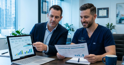 Consultant or broker reviewing valuation reports with a dentist