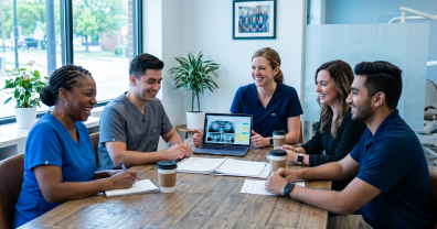 Team huddle or discussion inside a dental practice