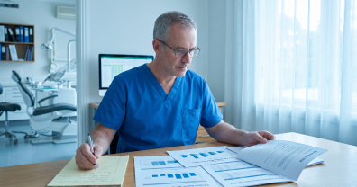 A dentist reviewing financial statements