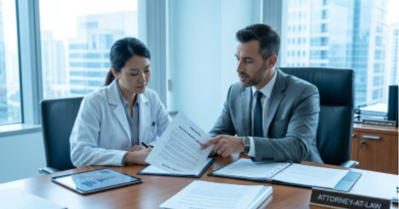 Dentist reviewing a purchase agreement with an attorney