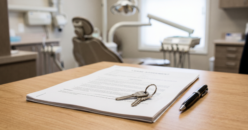 Lease agreement and office keys on a desk in a dental office